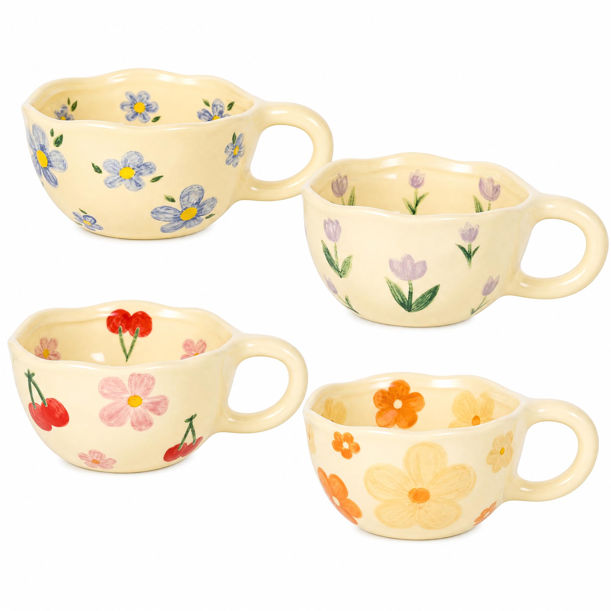 Coffee Tea Love - 4個セットのかわいい手描きの花柄ユニークなコーヒーマグカップ 5.3 X 2.4インチ 波状の縁 セラミック製カプチーノカップ