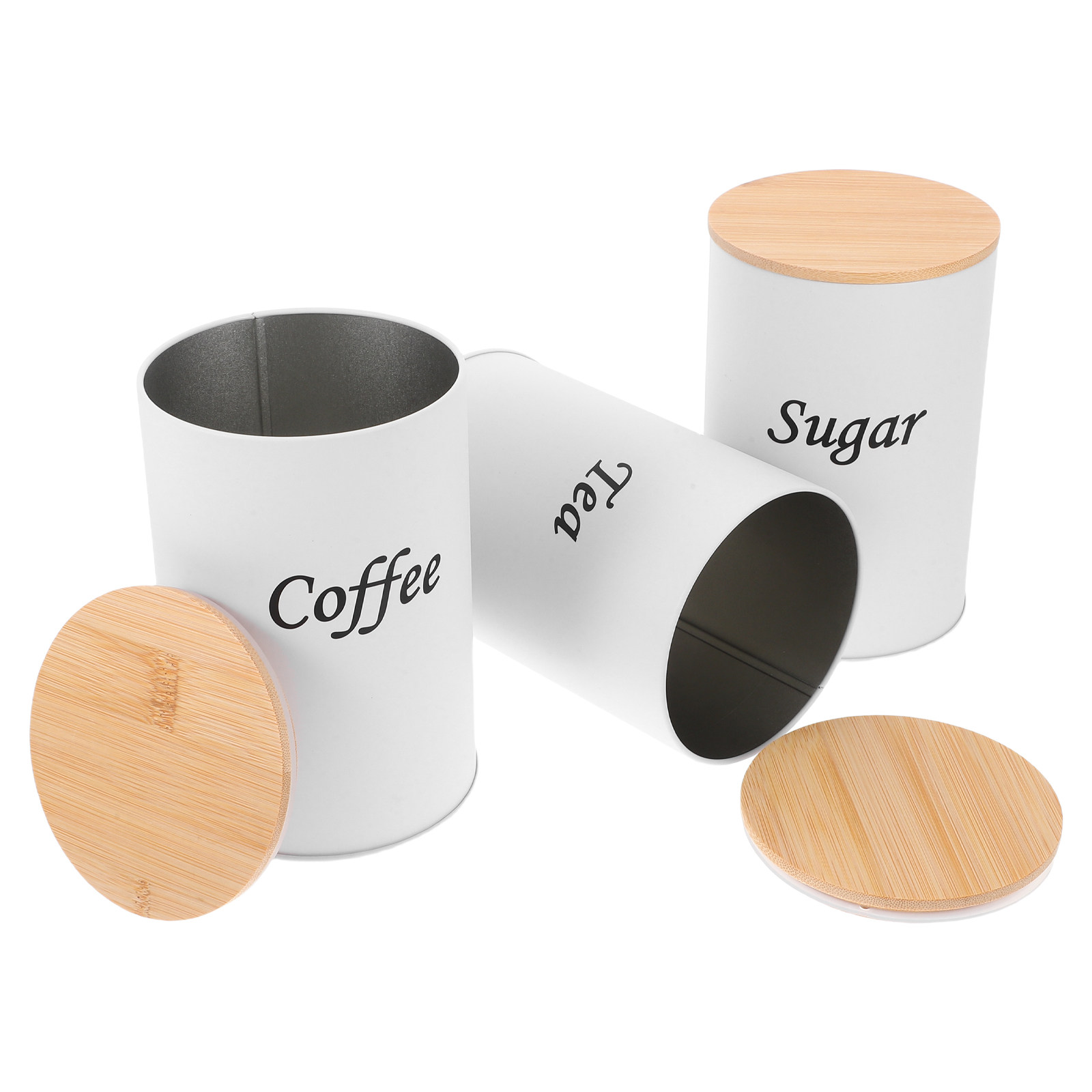 Coffee Tea Bean - 3個セット 密閉丸型キャニスター 亜鉛メッキ鉄製 竹製蓋付き コーヒー、紅茶、砂糖、小麦粉、米、豆類用 スタイリッシュなキッチン収納