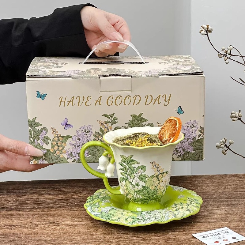 Tea Coffee Pot Set - スズランの花が咲くアフタヌーンティーセット - 精巧な高級陶磁器のカップ、マグカップ、コーヒーカップ