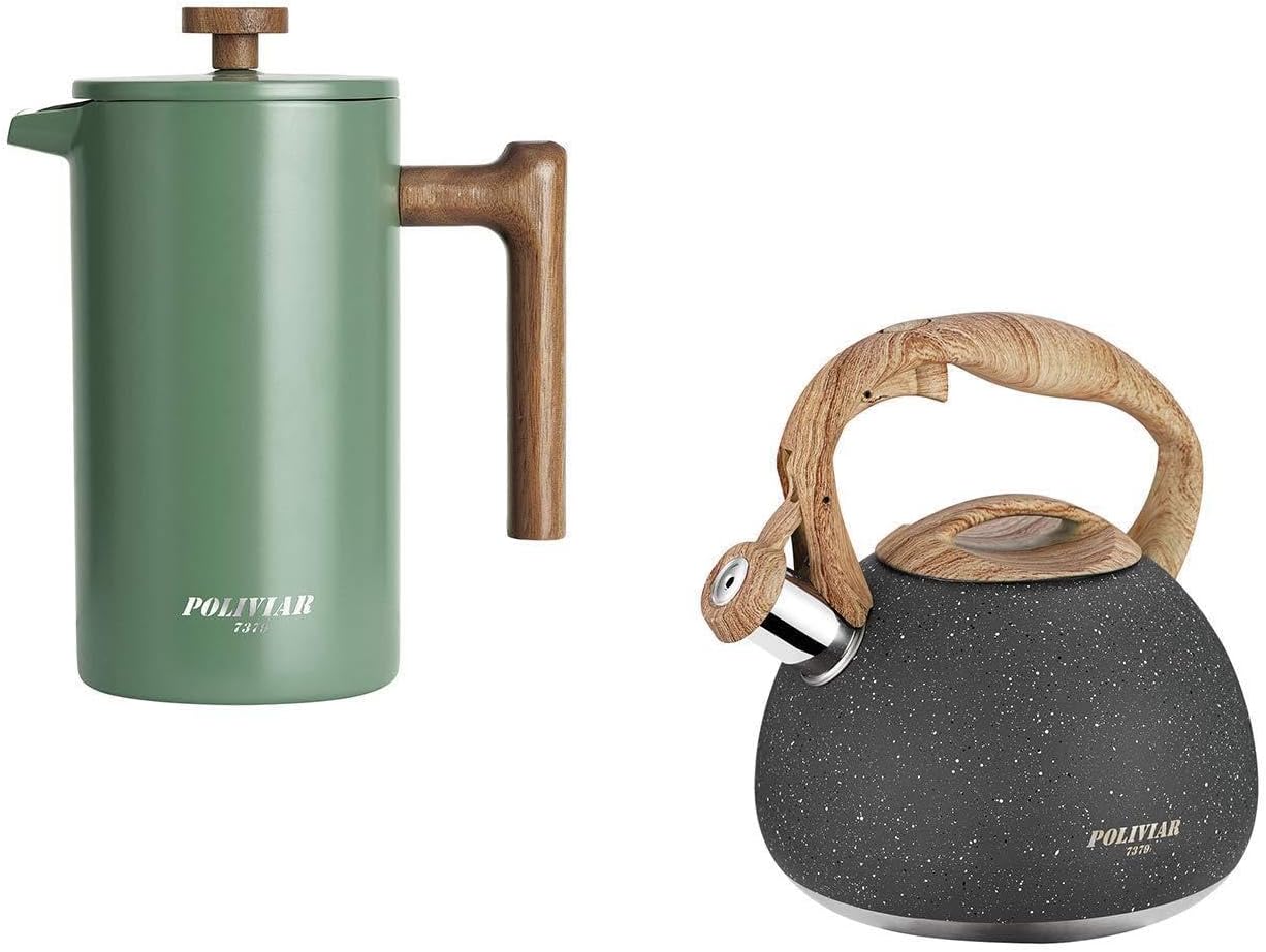 Good Coffee Tea - POLIVIAR 34オンス フレンチプレス コーヒーメーカー＆2.7クォート ティーケトル コンボパッケージ、食品グレードのステンレススチール製で美味しいコーヒーと紅茶を提供