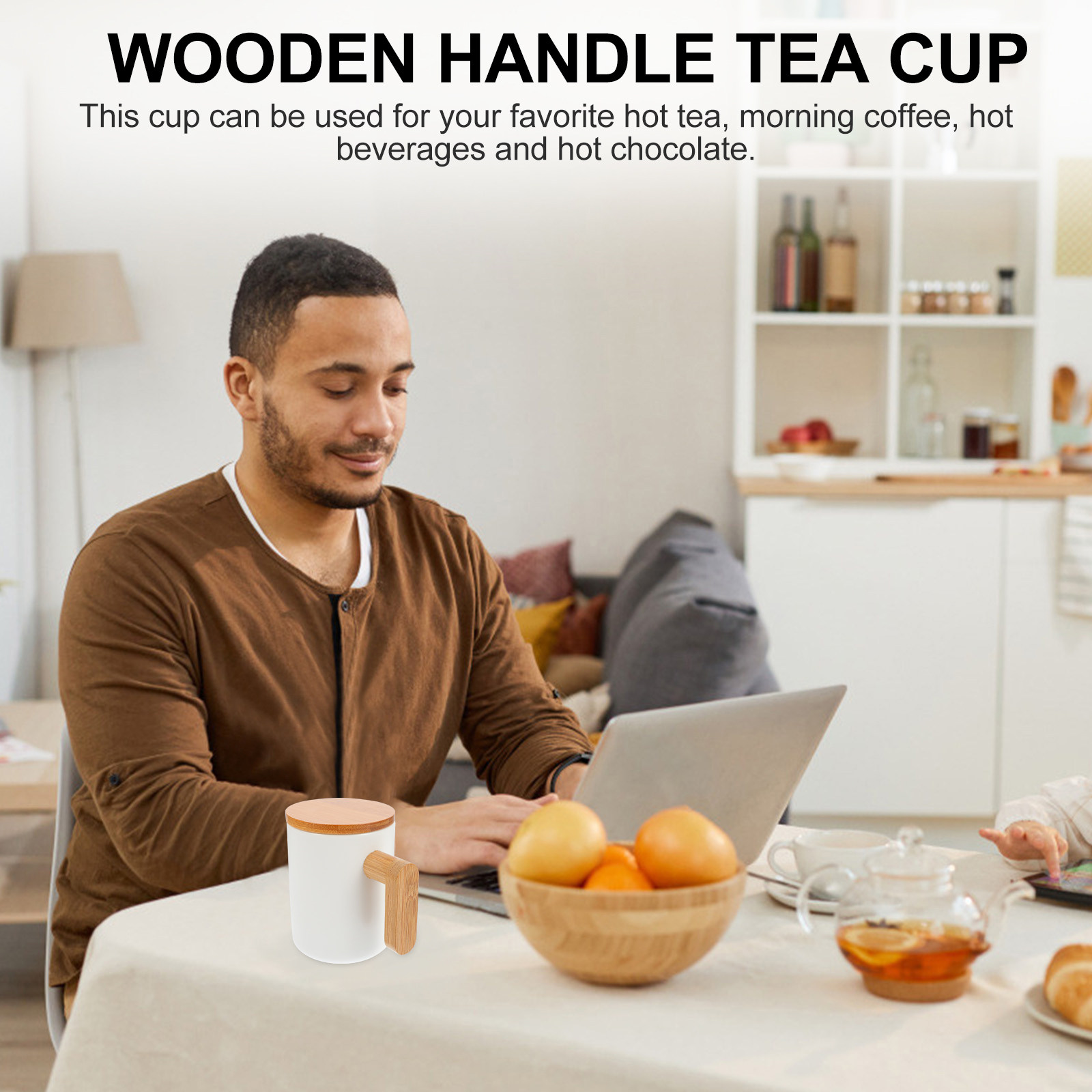 Coffee Tea Gardens - 天然木製ハンドル付きセラミックマグカップ モダンでスタイリッシュなティーカップ コーヒー ミルク ホットチョコレート用ドリンクウェア オフィス、自宅、庭、バルコニーでの使用に最適