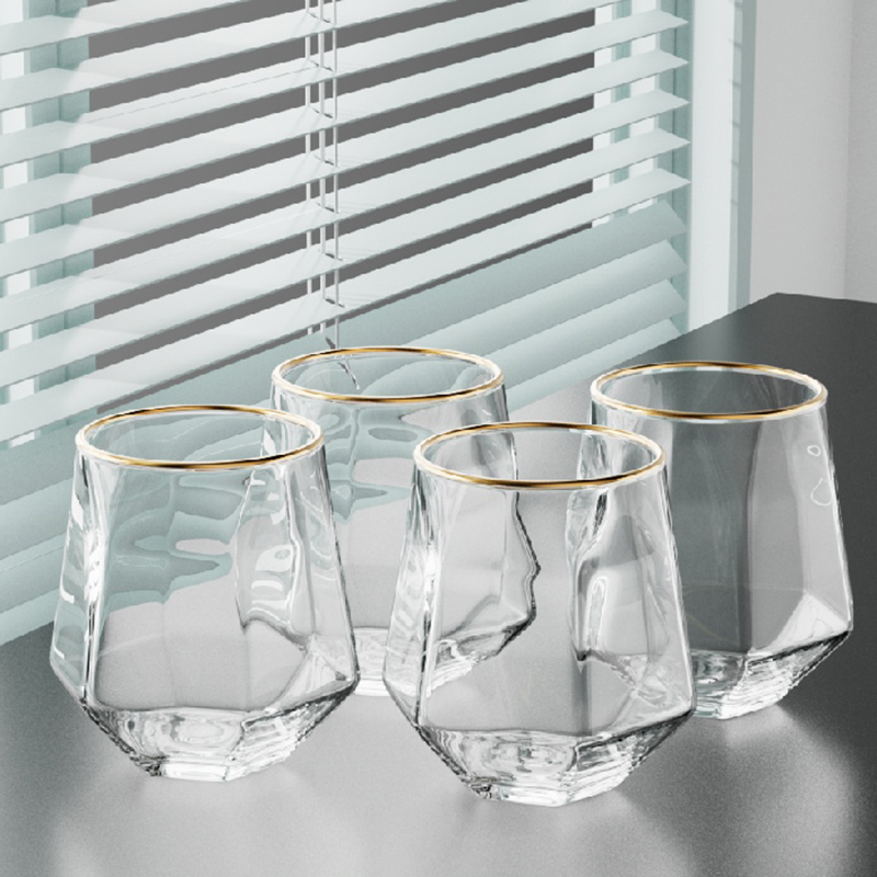 Coffee Tea Drink - パーソナライズされた六角形のカップセット,ワイン器具,ユニークなコールドドリンクカップ,ゴールデンエッジグラス,コーヒー,ジュース,ティーカップ,コーヒー,320ml, 4個