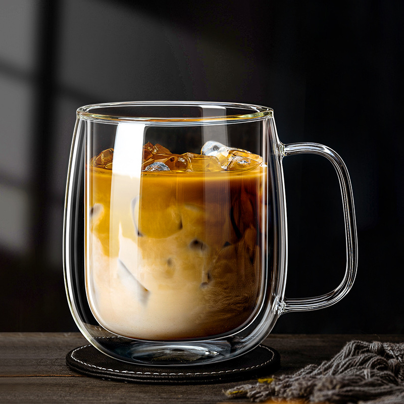 Lemon Tea Coffee - 350ML二重壁ガラスカップ、ハンドル付き、紅茶、ビール、コーヒー、牛乳、レモンジュースマグ、冷たい飲み物用クリアカップ