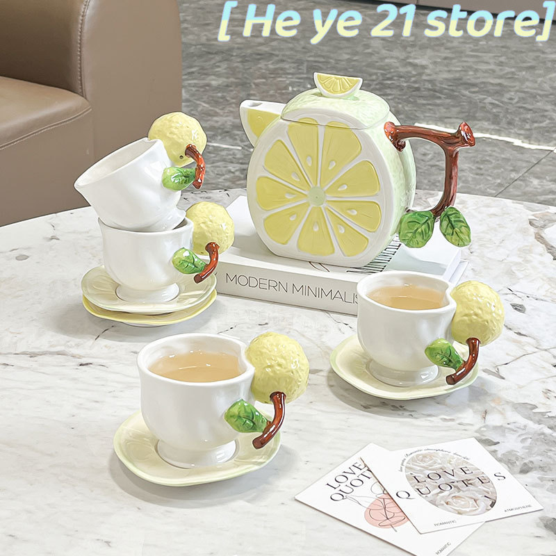 Lemon Tea Coffee - 3Dレモンコーヒーカップ＆ソーサーセット、アフタヌーンティー、コーヒーティーポット、デザートプレート、ドリンクセット、ホームティーセット、セラミックマグ、ティーウェアセット