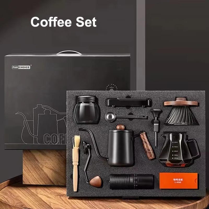 Tea Coffee Pot Set - 10点入りトラベルコーヒーセット、手動コーヒーグラインダー、フィルターカップ、シェアリングポット、プアオーバーコーヒーケトルツール、ギフトボックス入り、ティーパーティー用