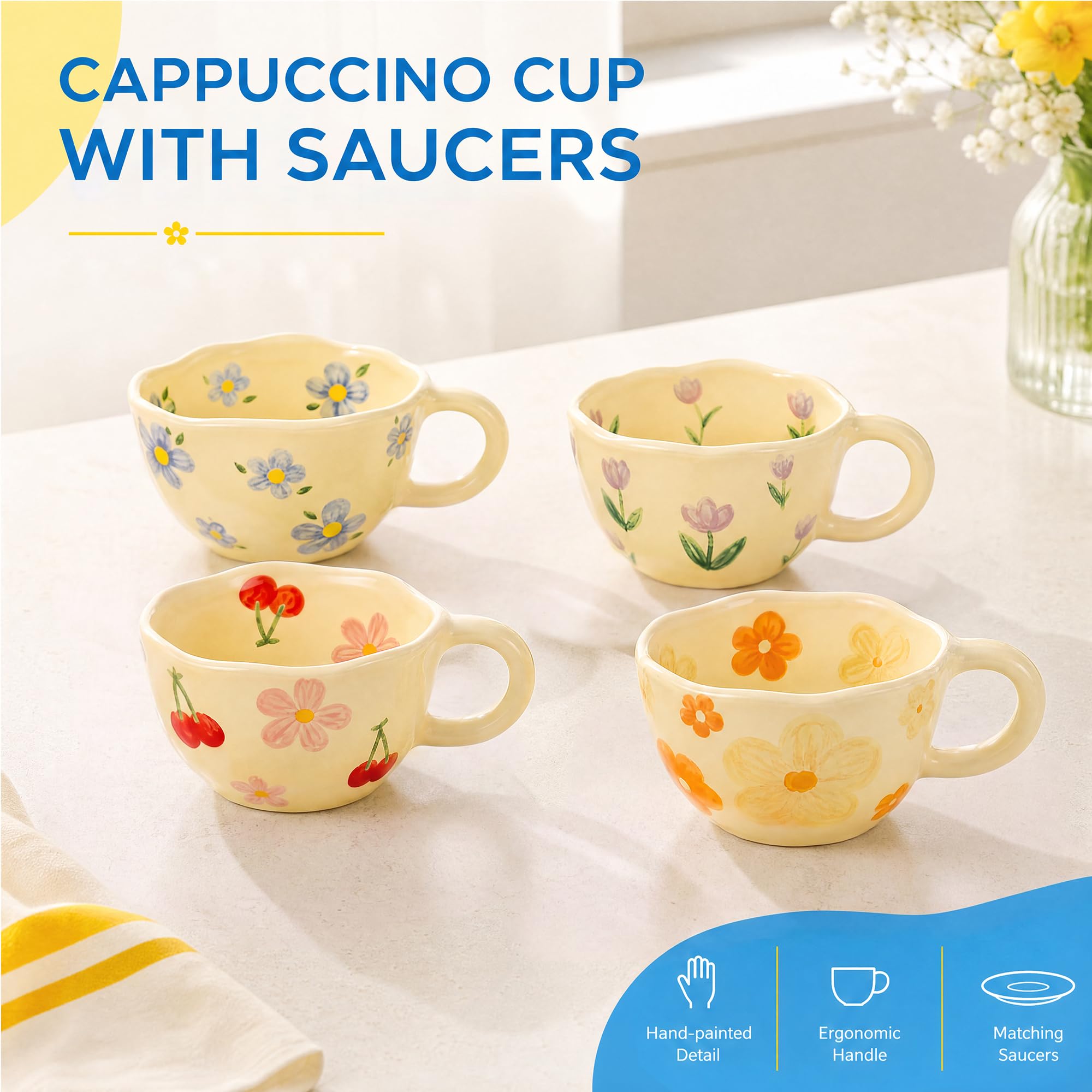 4個セットのかわいい手描きの花柄ユニークなコーヒーマグカップ - Coffee Tea Love のレビューと価格