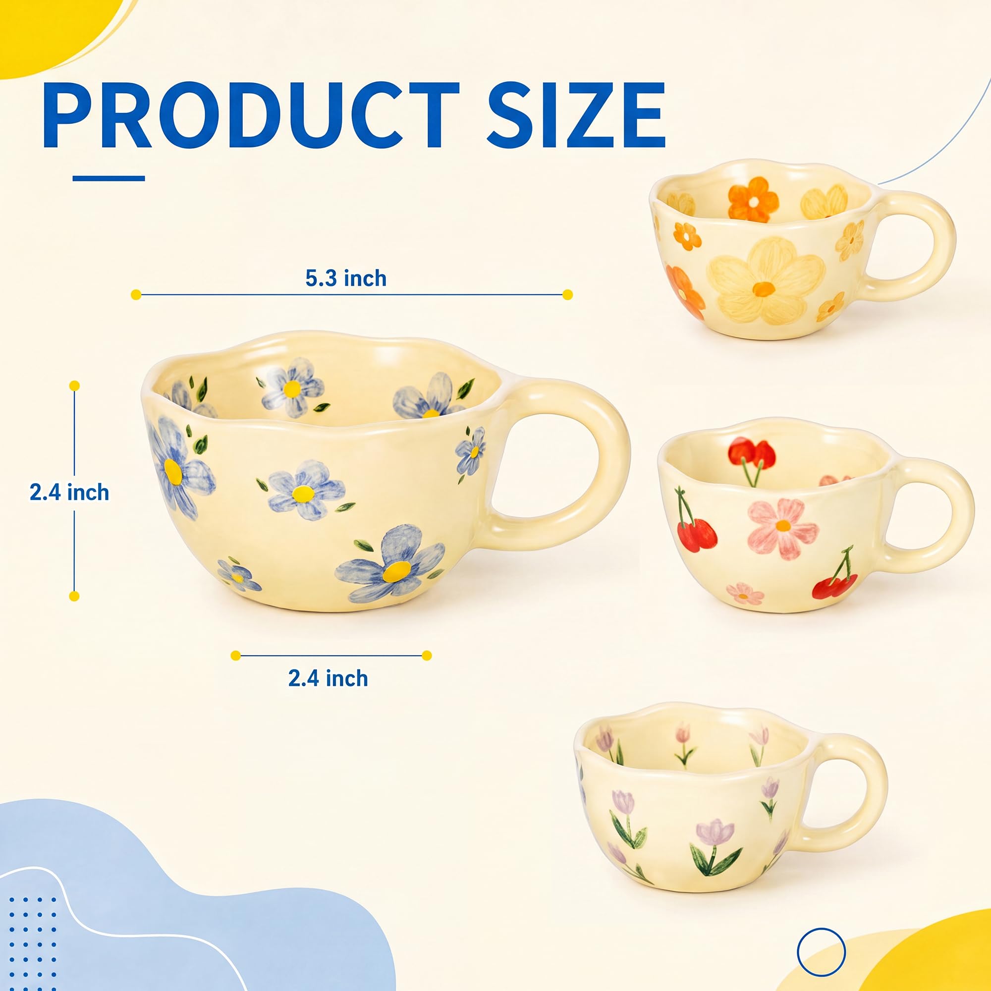 4個セットのかわいい手描きの花柄ユニークなコーヒーマグカップ - Coffee Tea Love のレビューと価格
