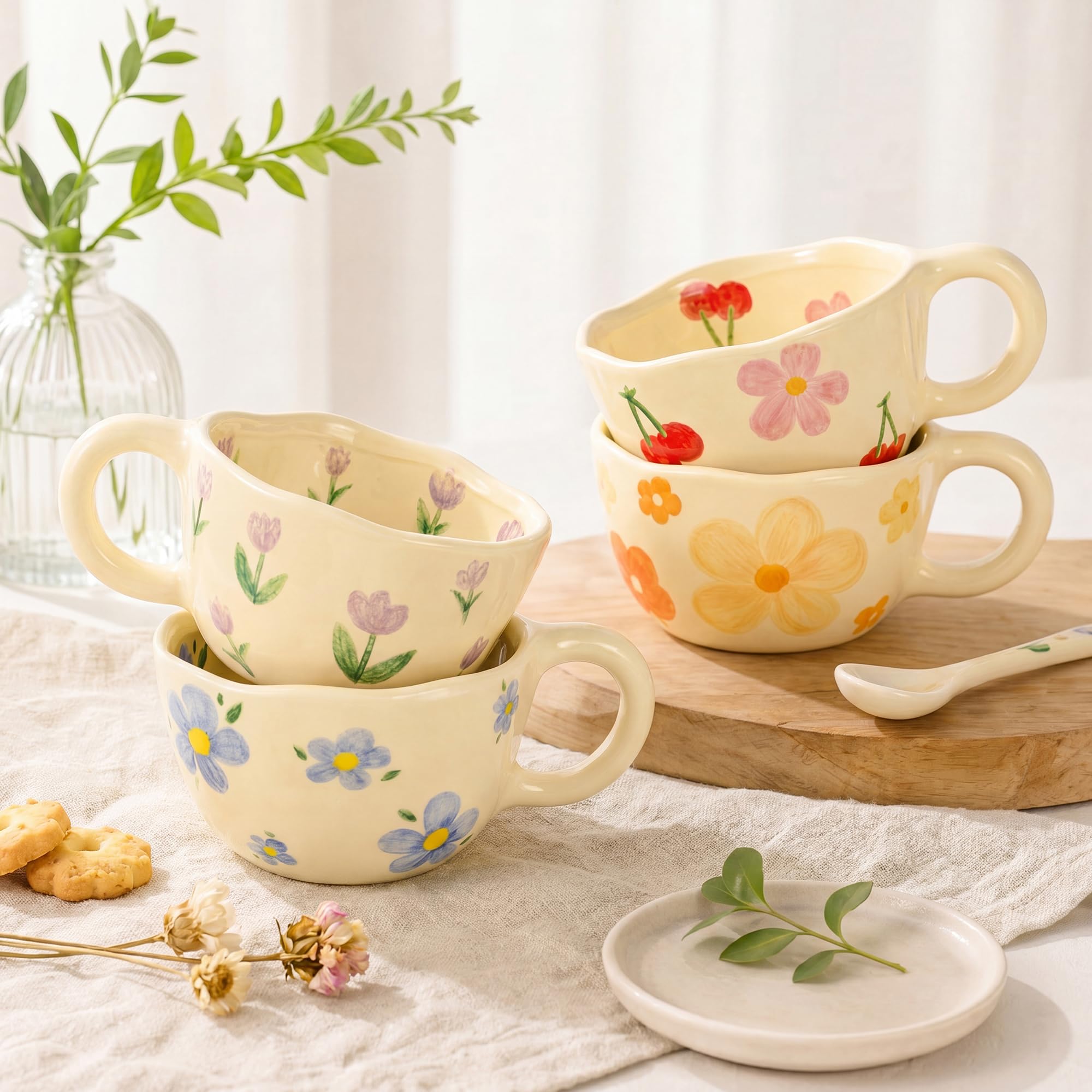 4個セットのかわいい手描きの花柄ユニークなコーヒーマグカップ - Coffee Tea Love のレビューと価格