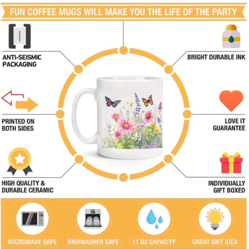 陶器の白いカップ、蝶と野花のデザインで、コーヒー、紅茶、温か - Coffee Tea Gardens のレビューと価格