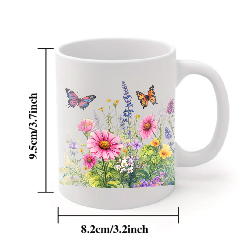 陶器の白いカップ、蝶と野花のデザインで、コーヒー、紅茶、温か - Coffee Tea Gardens のレビューと価格