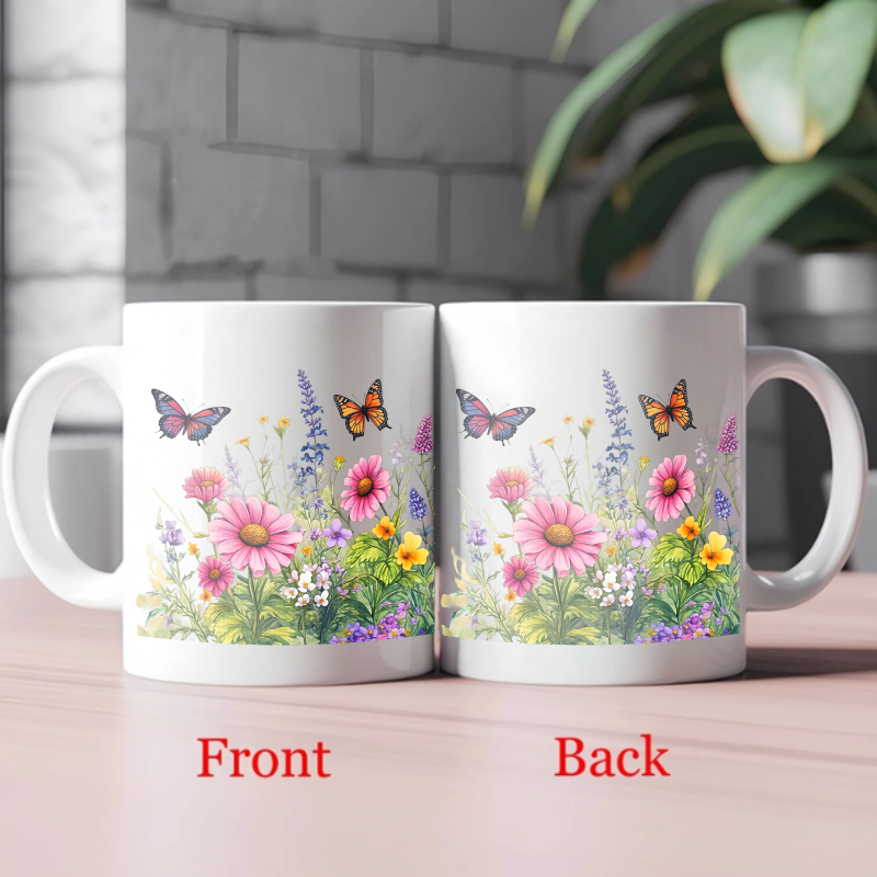 陶器の白いカップ、蝶と野花のデザインで、コーヒー、紅茶、温か - Coffee Tea Gardens のレビューと価格